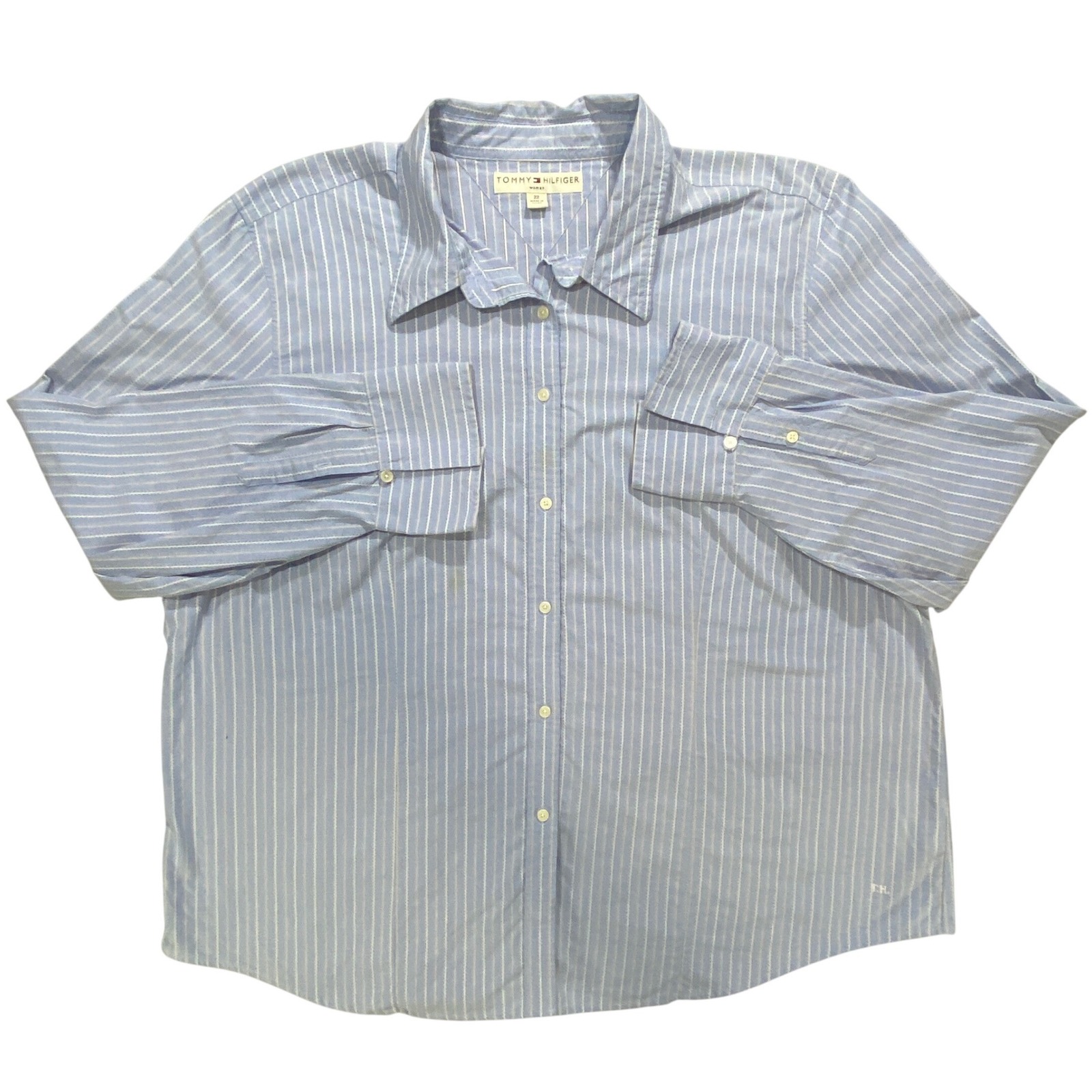 Tommy Hilfiger Women's Plus Size 22 Blue Striped Button Down Shirt Long Sleeve